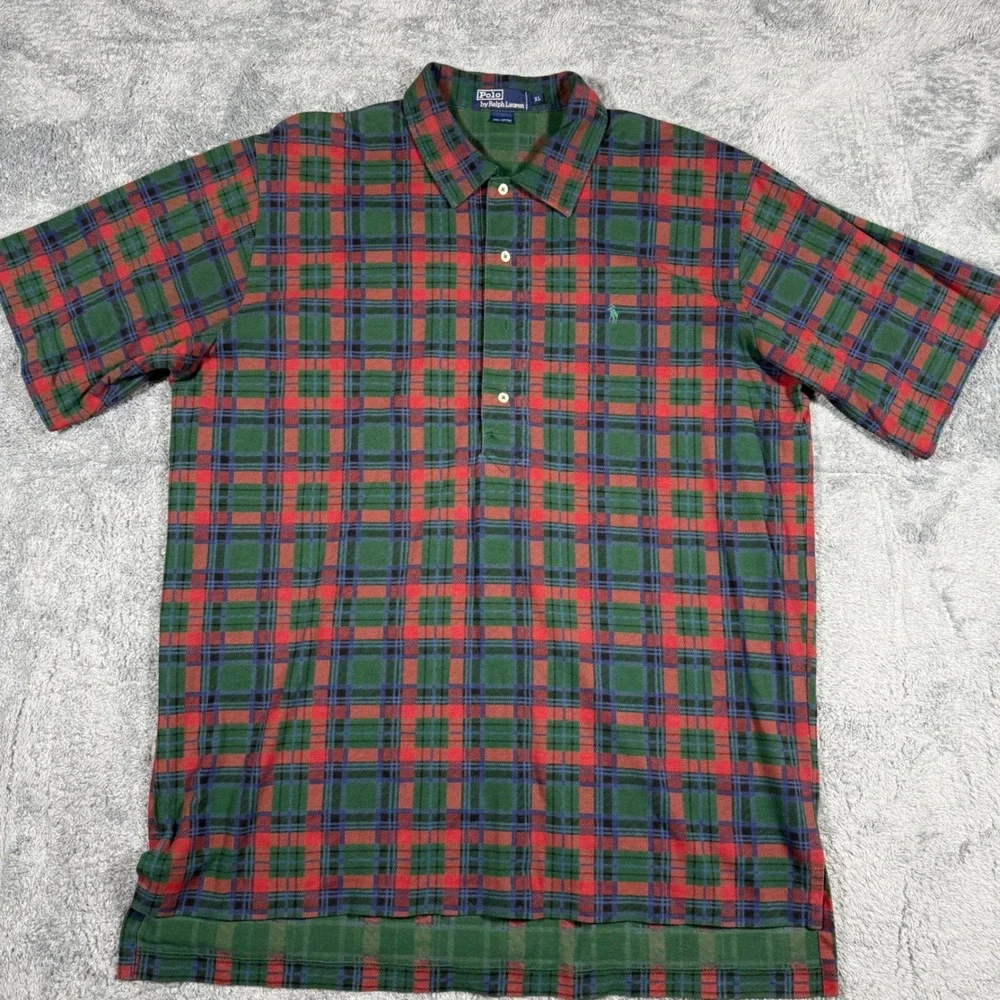 Vintage 90s Polo Ralph Lauren Plaid 1/2 Button Polo Shirt‎ Red Green Size XL